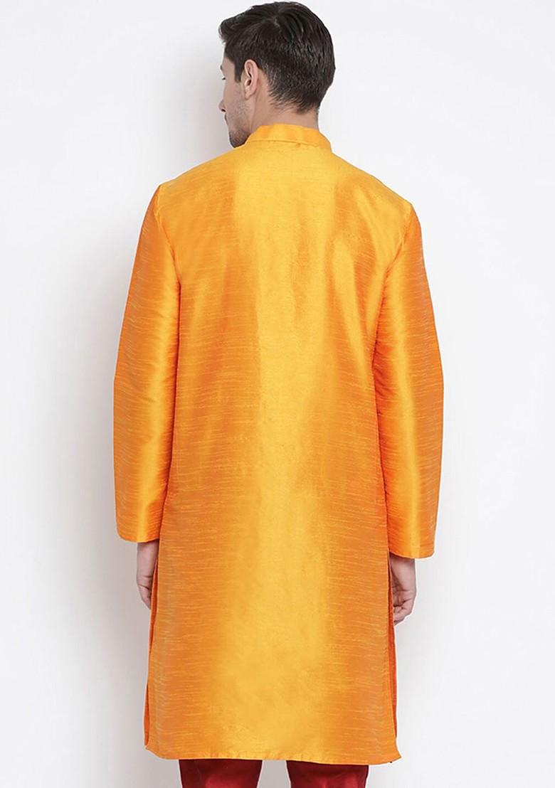 Orange Solid Poly Blend Kurta For Men