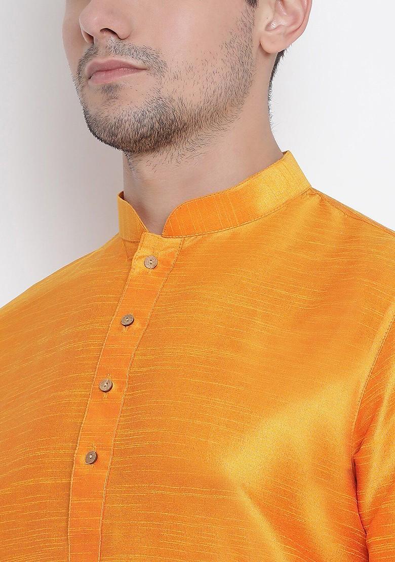Orange Solid Poly Blend Kurta For Men