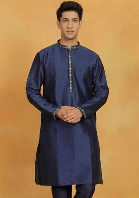 Navy Blue Thread Work Poly Blend Kurta For Men