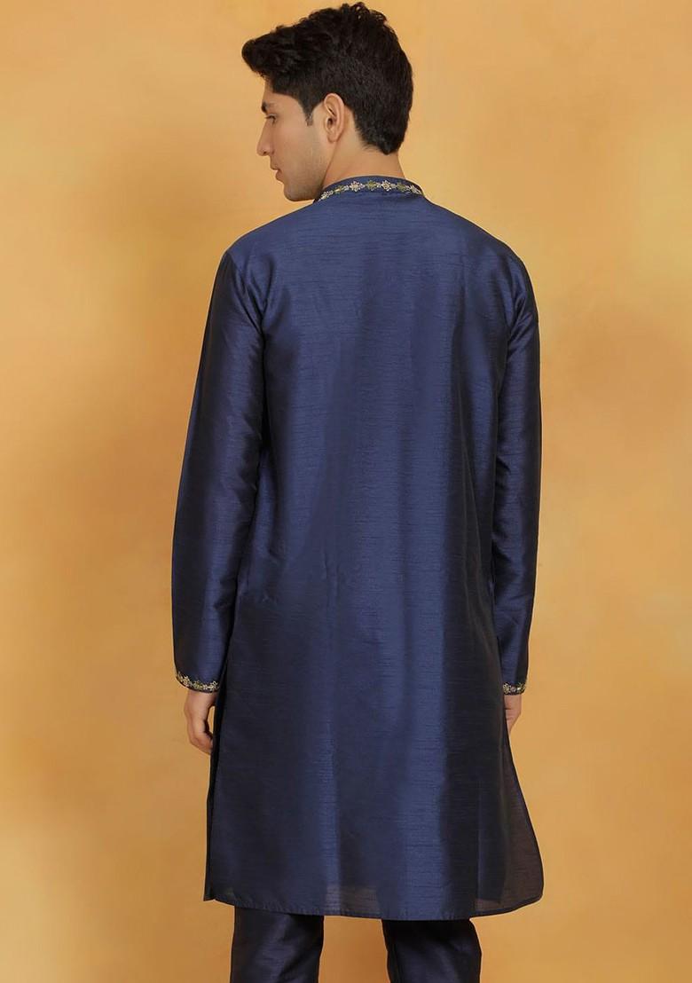 Navy Blue Thread Work Poly Blend Kurta For Men
