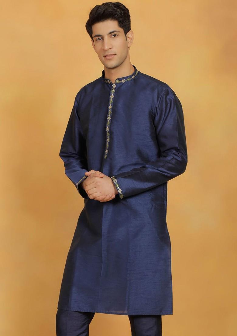 Navy Blue Thread Work Poly Blend Kurta For Men
