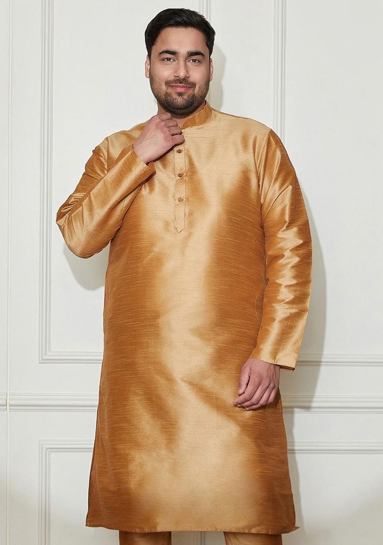 Gold Solid Poly Blend Kurta For Men
