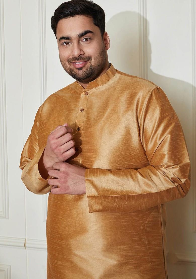 Gold Solid Poly Blend Kurta For Men