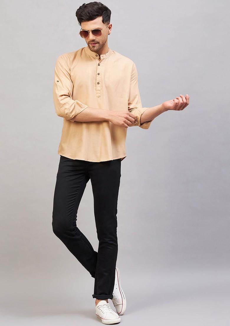 Khaki Solid Cotton Kurta For Men