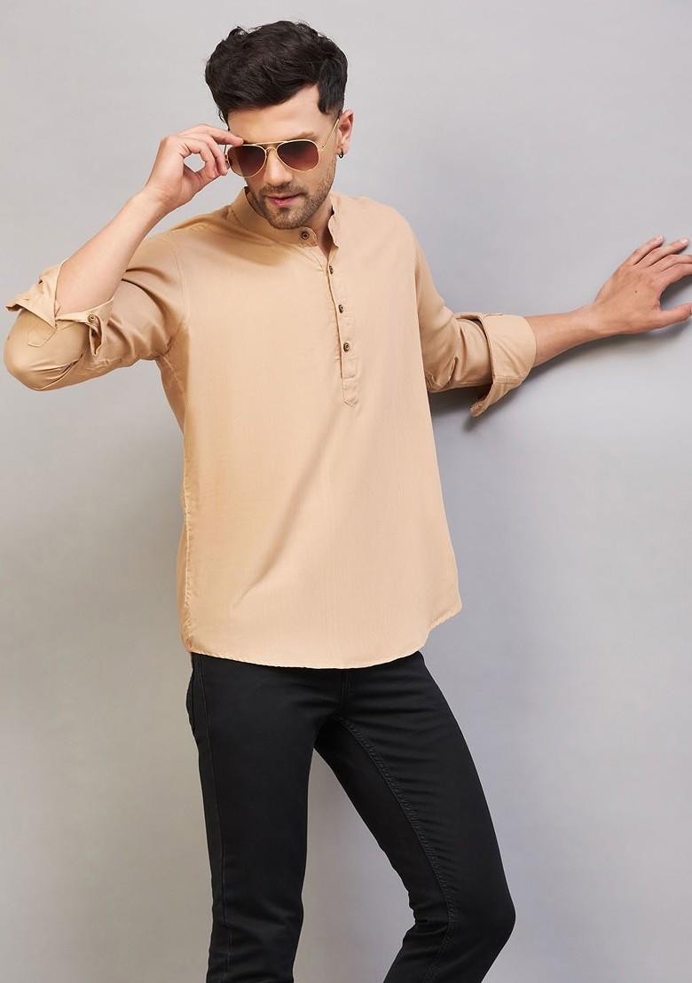 Khaki Solid Cotton Kurta For Men