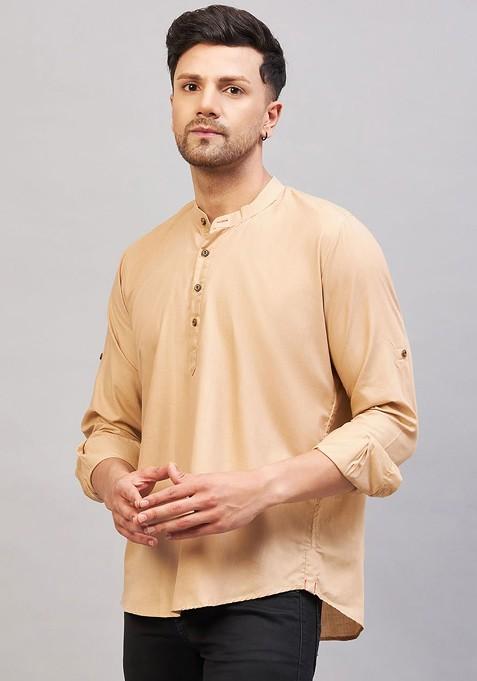Khaki Solid Cotton Kurta For Men — view on Indya