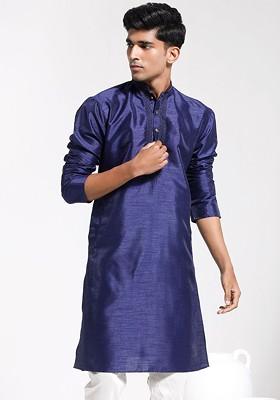 Navy Blue Solid Poly Blend Kurta For Men