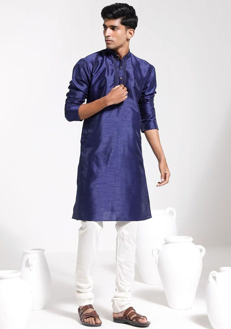 Navy Blue Solid Poly Blend Kurta For Men