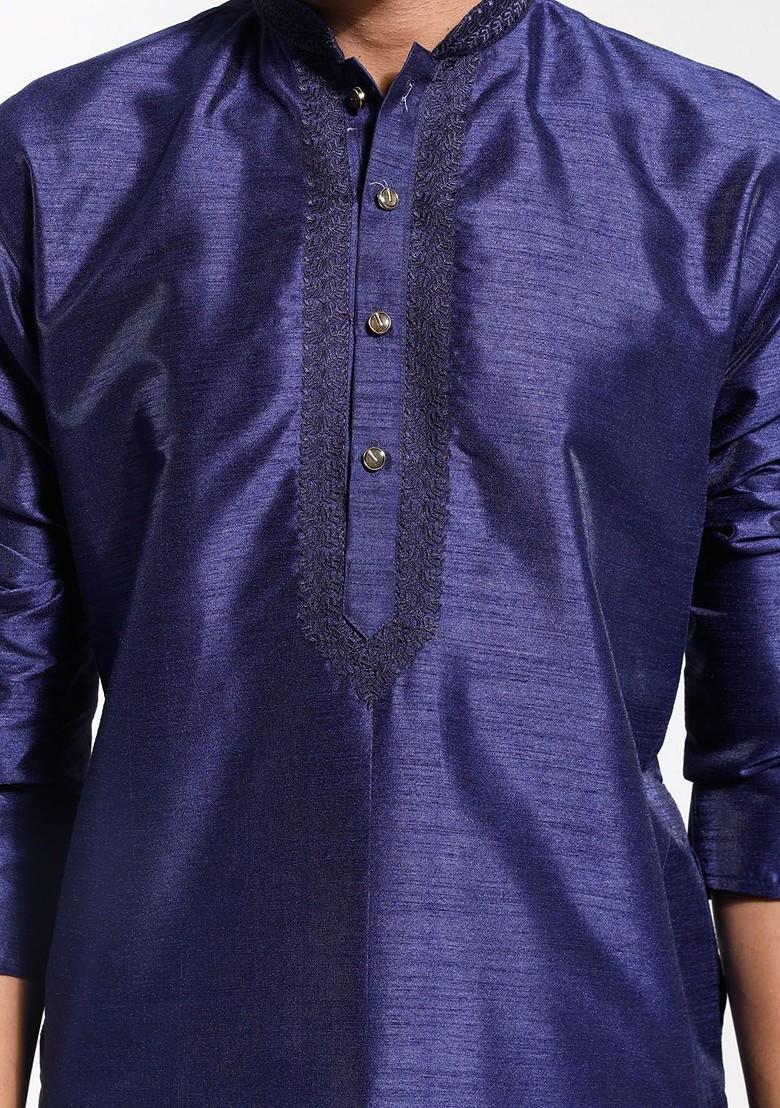 Navy Blue Solid Poly Blend Kurta For Men