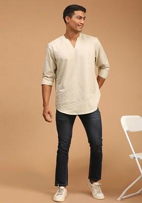 Cream Solid Cotton Kurta For Men