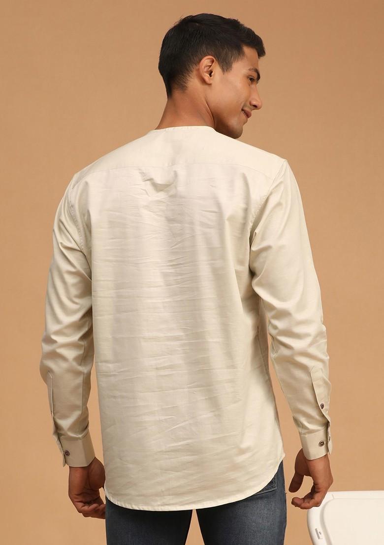 Cream Solid Cotton Kurta For Men