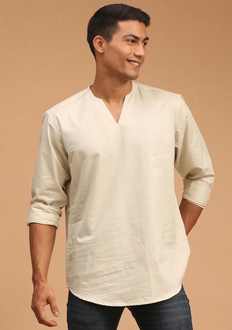 Cream Solid Cotton Kurta For Men