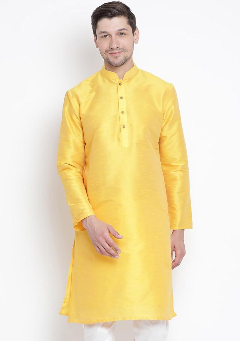 Yellow Solid Poly Blend Kurta For Men