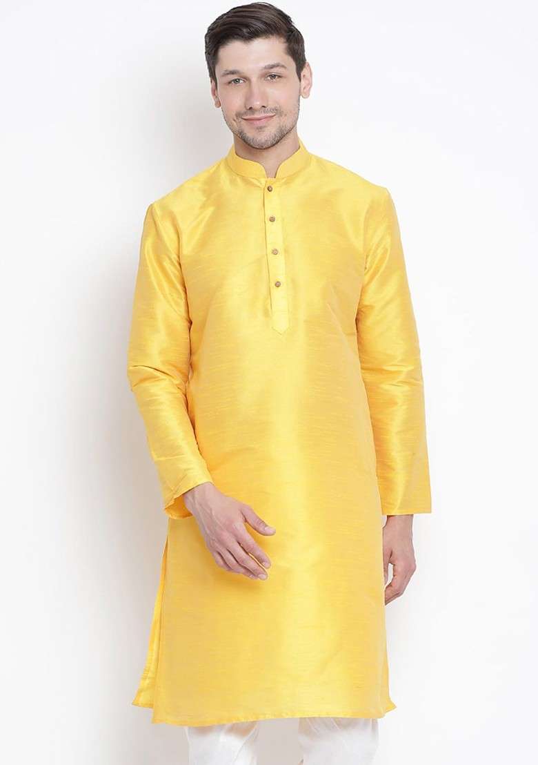 Yellow Solid Poly Blend Kurta For Men - Indya