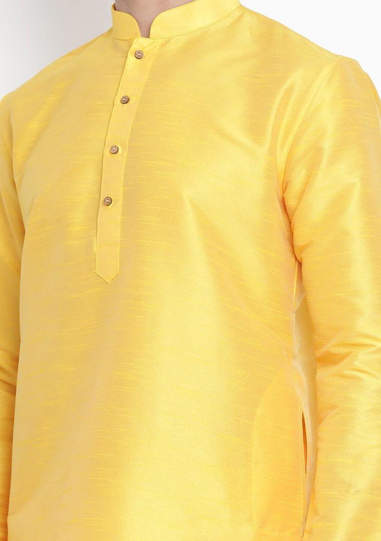 Yellow Solid Poly Blend Kurta For Men
