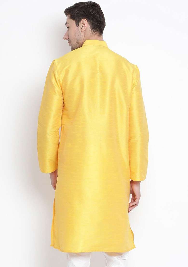 Yellow Solid Poly Blend Kurta For Men - Indya