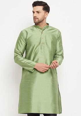 Green Solid Poly Blend Kurta For Men