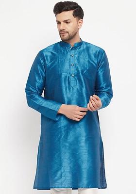 Turquoise Blue Solid Silk Kurta For Men