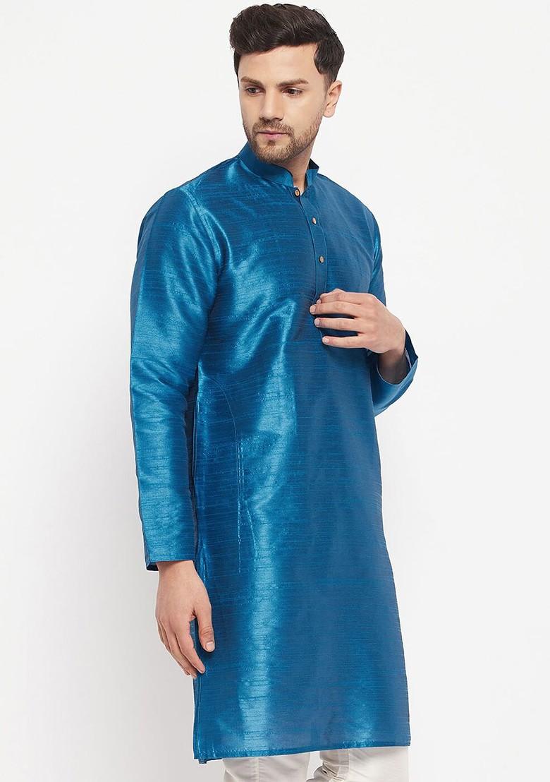 Turquoise Blue Solid Silk Kurta For Men