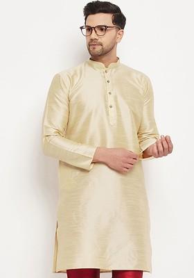 Gold Solid Poly Blend Kurta For Men