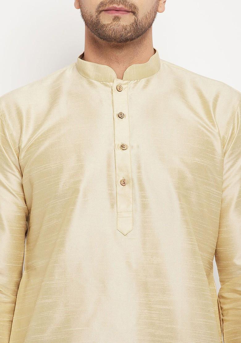 Gold Solid Poly Blend Kurta For Men