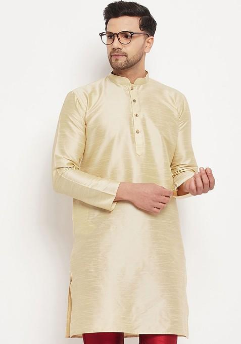 Gold Solid Poly Blend Kurta For Men