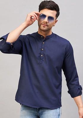 Blue Solid Cotton Kurta For Men