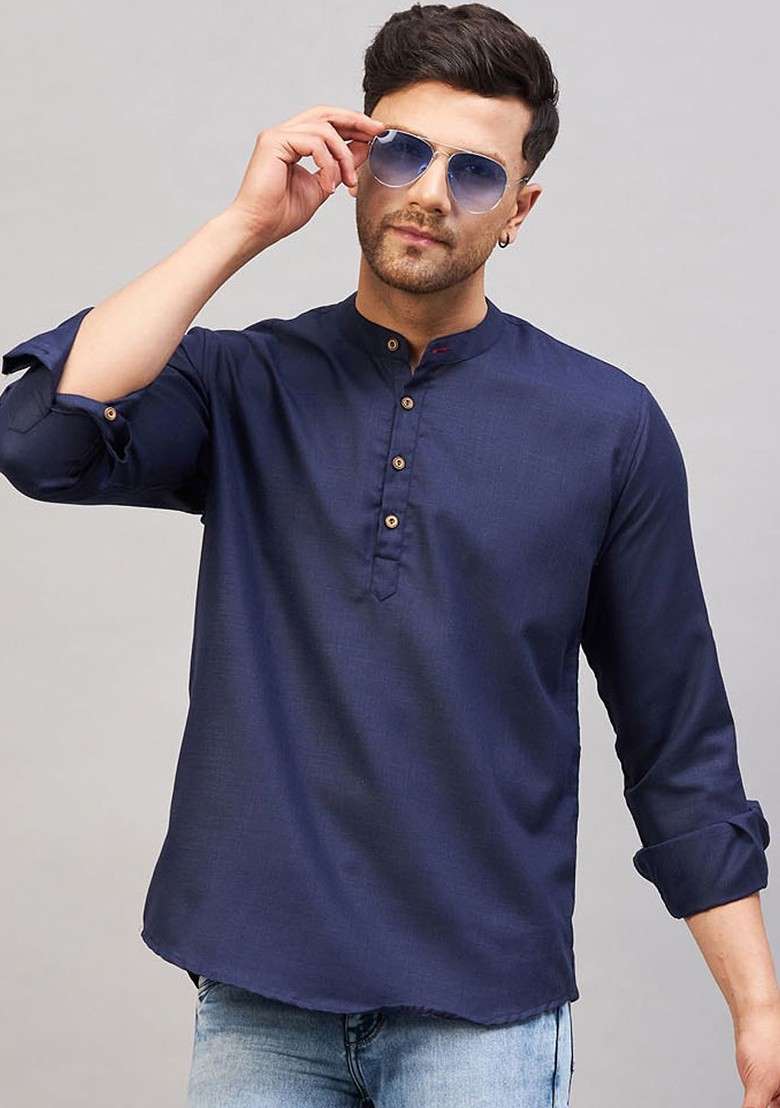 Blue Solid Cotton Kurta For Men - Indya