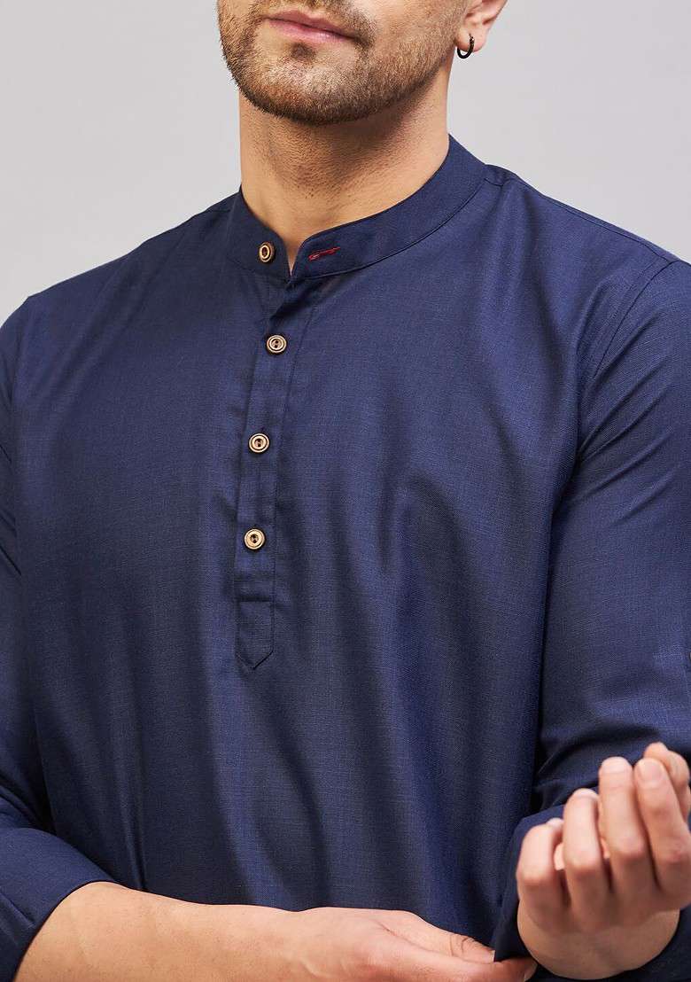 Blue Solid Cotton Kurta For Men - Indya