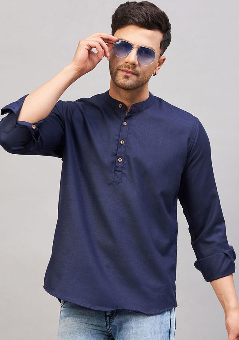 Blue Solid Cotton Kurta For Men