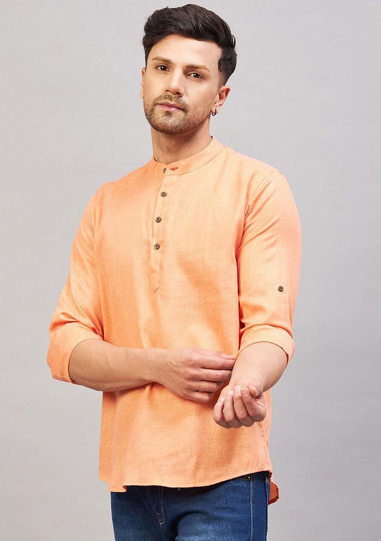 Orange Solid Cotton Kurta For Men