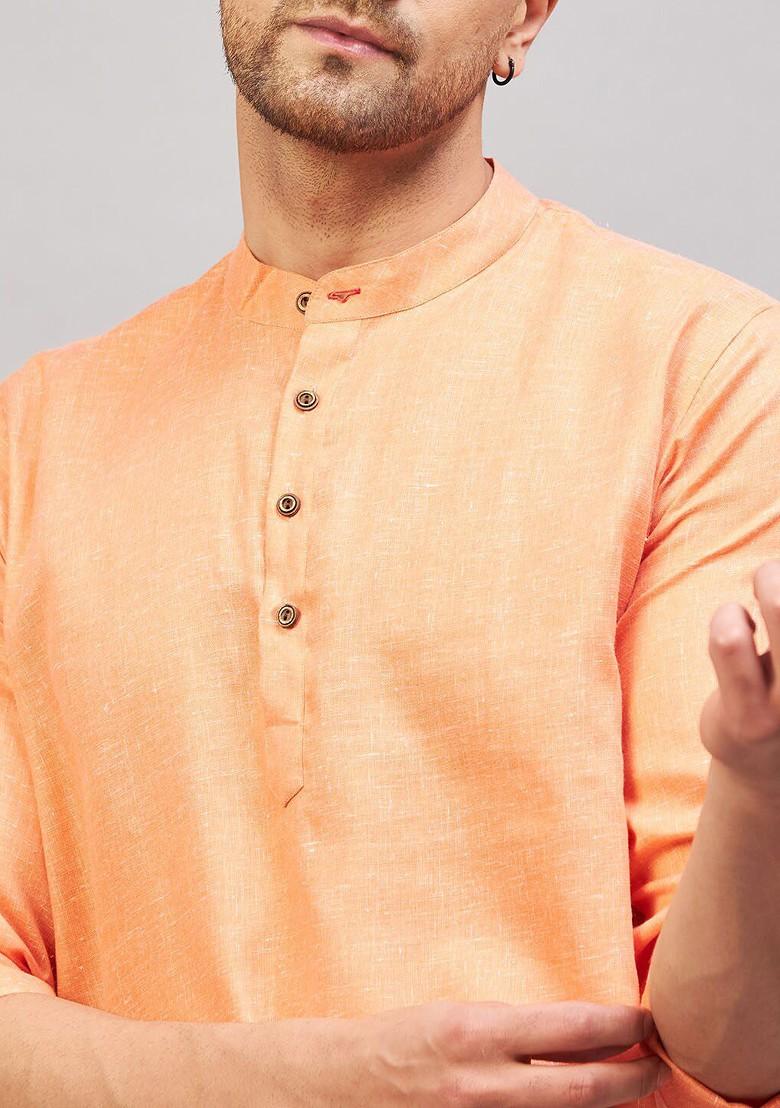 Orange Solid Cotton Kurta For Men