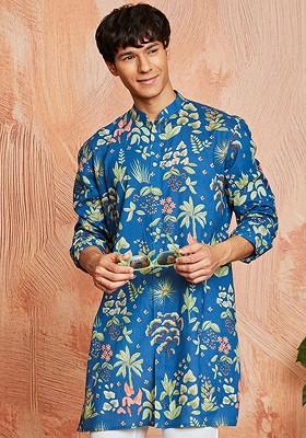 Turquoise Blue Floral Print Cotton Kurta For Men