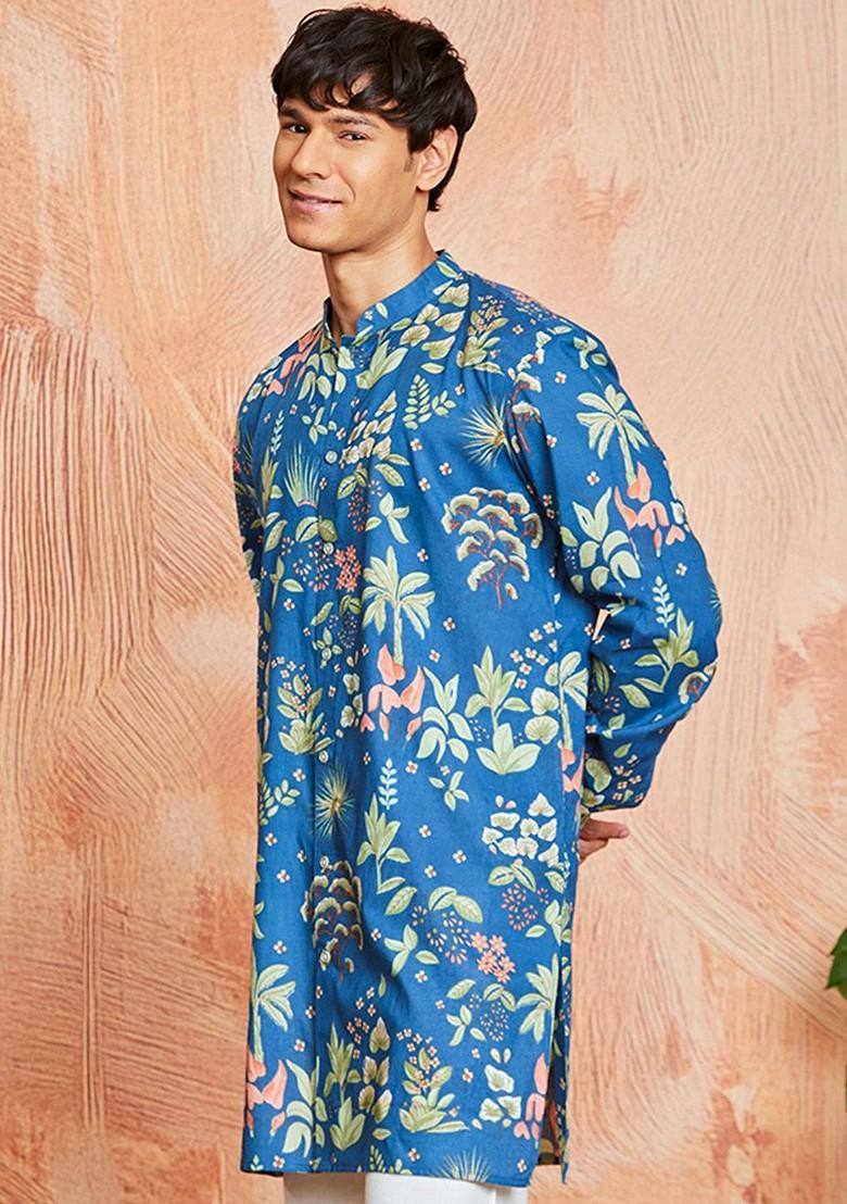 Turquoise Blue Floral Print Cotton Kurta For Men