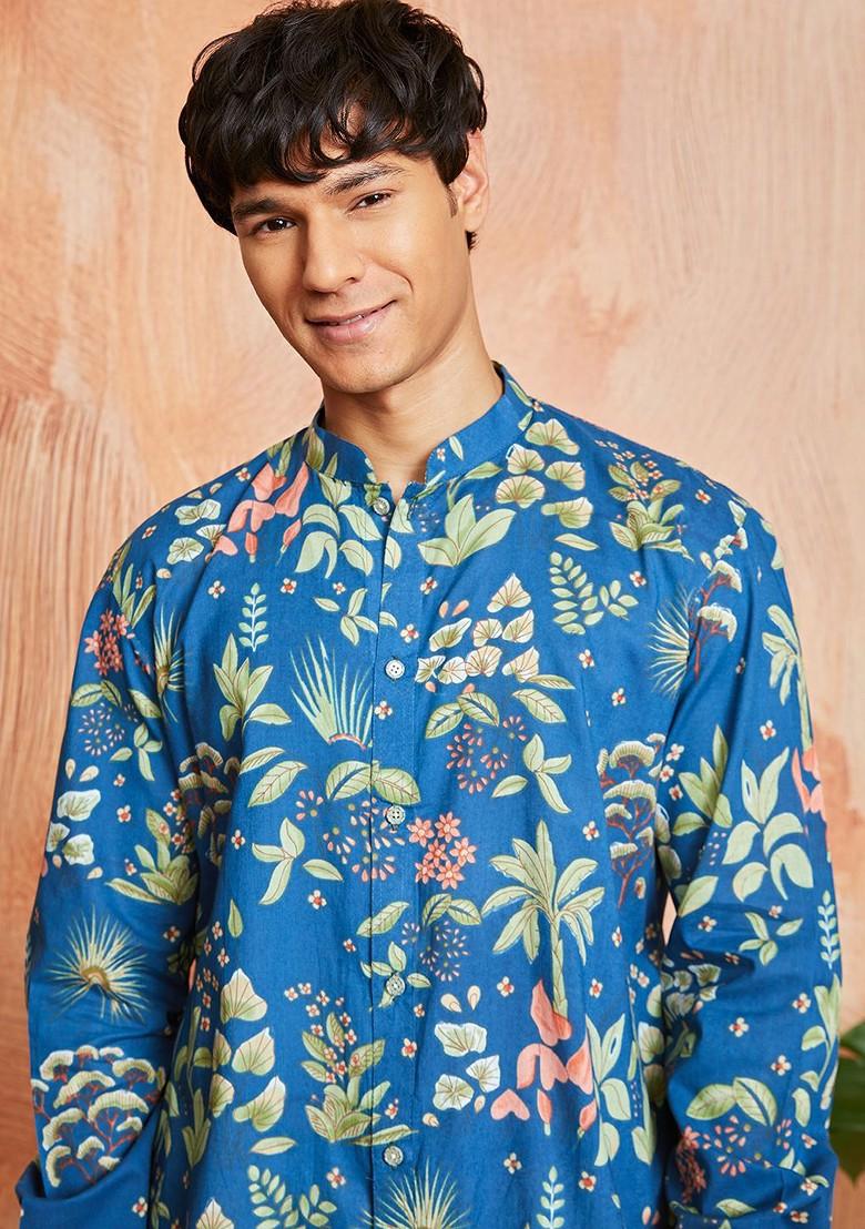 Turquoise Blue Floral Print Cotton Kurta For Men
