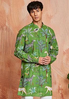 Green Floral Print Cotton Kurta For Men