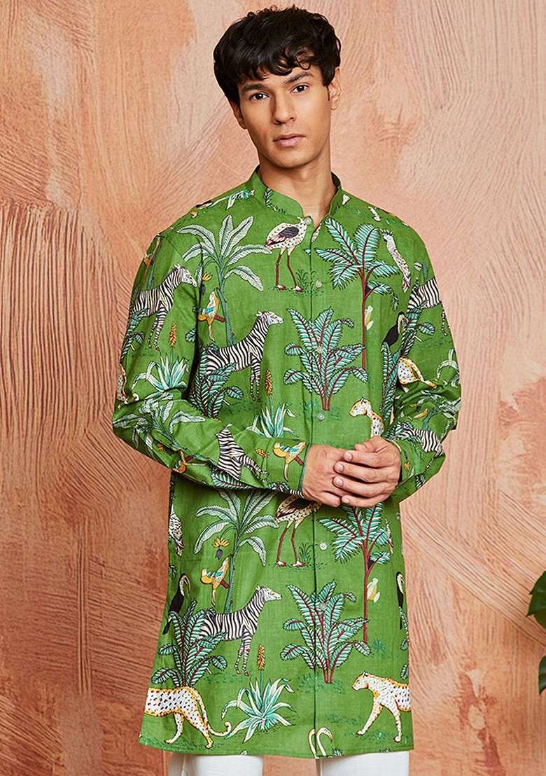Green Floral Print Cotton Kurta For Men - Indya