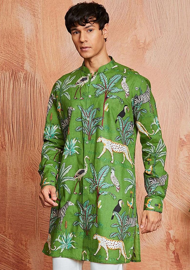 Green Floral Print Cotton Kurta For Men