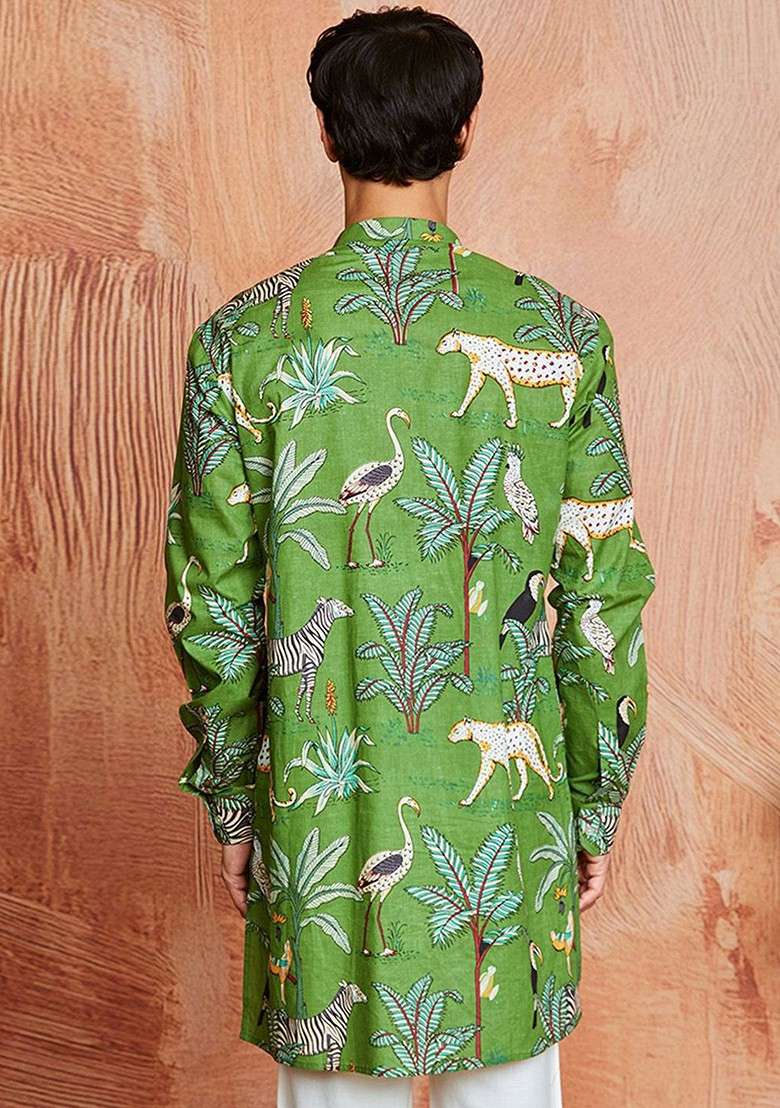 Green Floral Print Cotton Kurta For Men - Indya