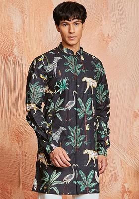 Black Floral Print Cotton Kurta For Men