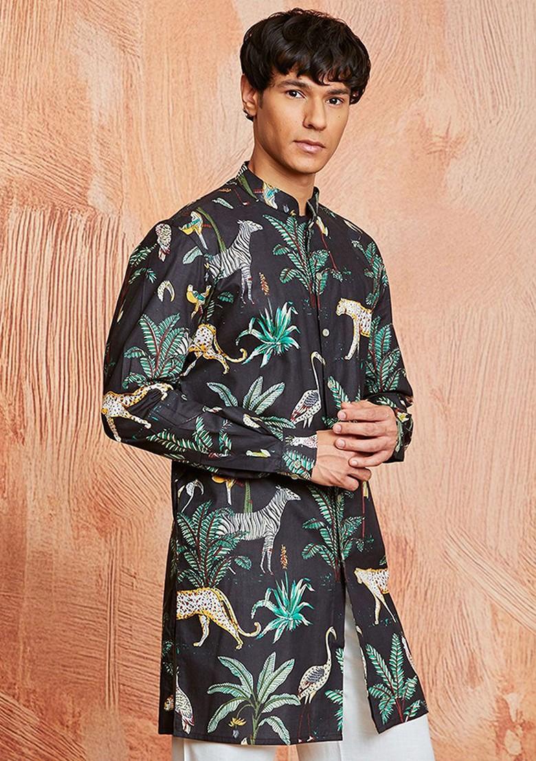 Black Floral Print Cotton Kurta For Men