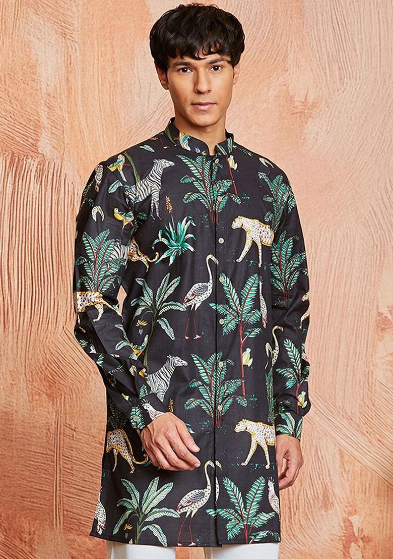 Black Floral Print Cotton Kurta For Men