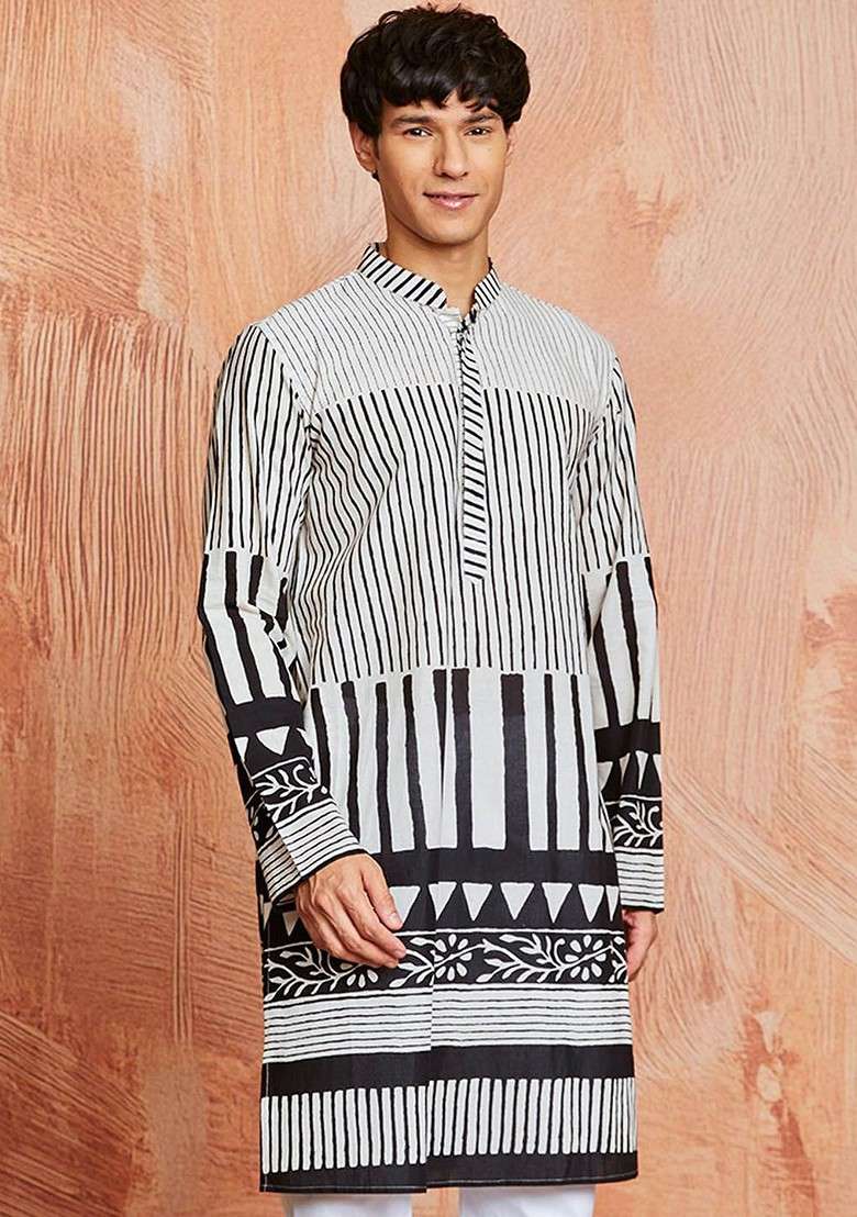 Black Geometric Print Cotton Kurta For Men - Indya