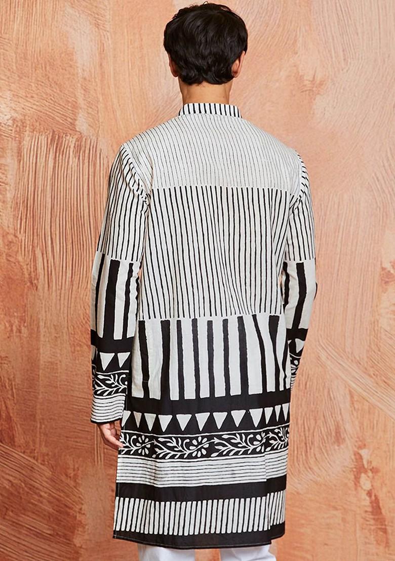 Black Geometric Print Cotton Kurta For Men