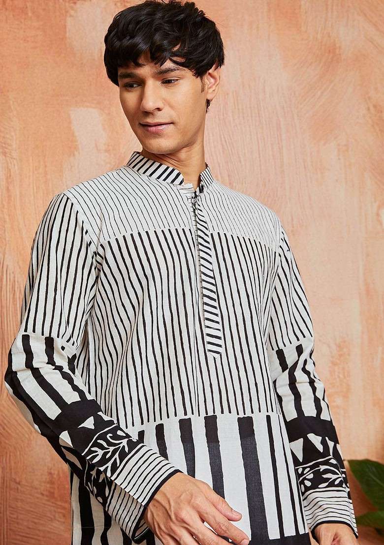 Black Geometric Print Cotton Kurta For Men - Indya