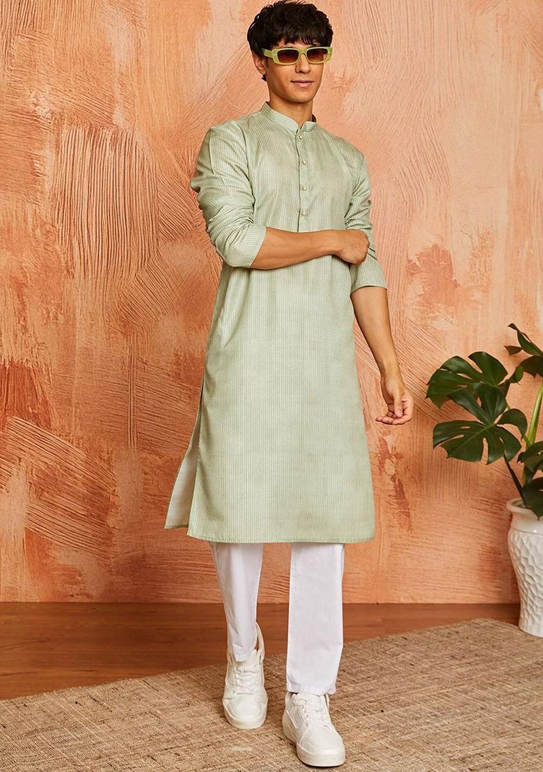 Green Embroidered Poly Blend Kurta For Men