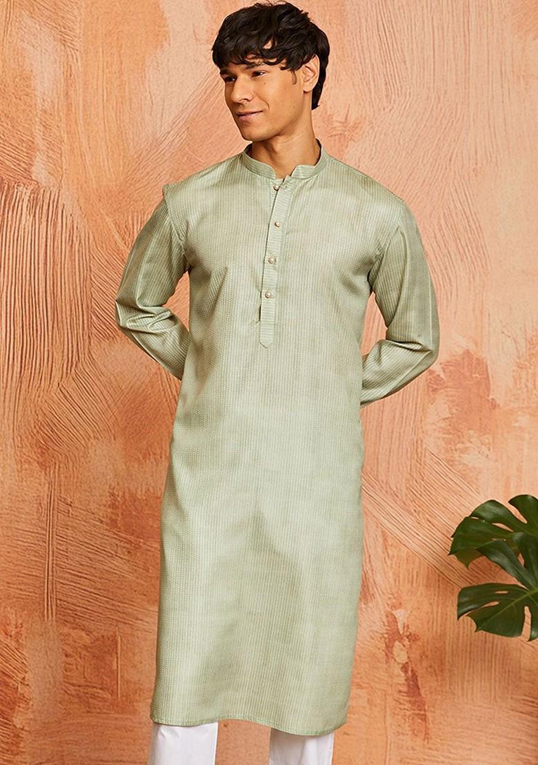 Green Embroidered Poly Blend Kurta For Men