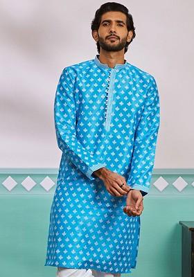Blue Geometric Print Poly Blend Kurta For Men