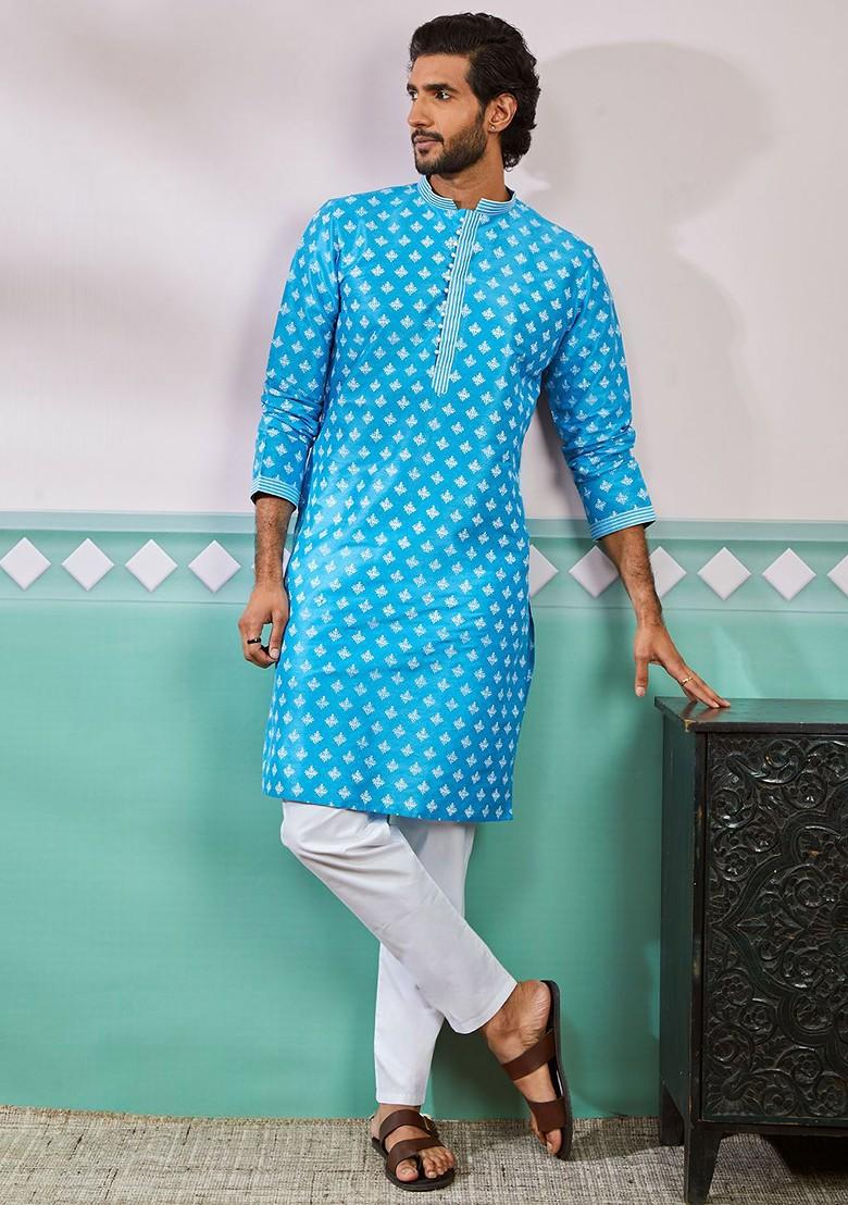 Blue Geometric Print Poly Blend Kurta For Men