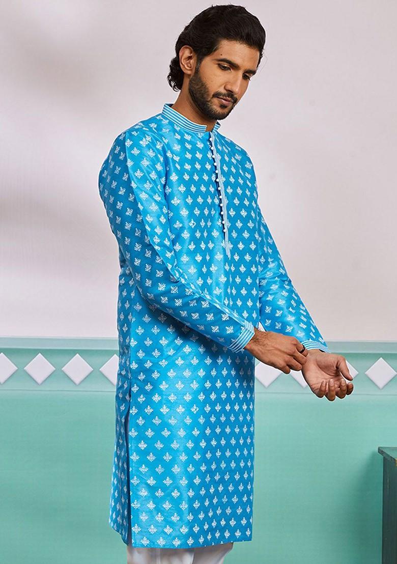 Blue Geometric Print Poly Blend Kurta For Men